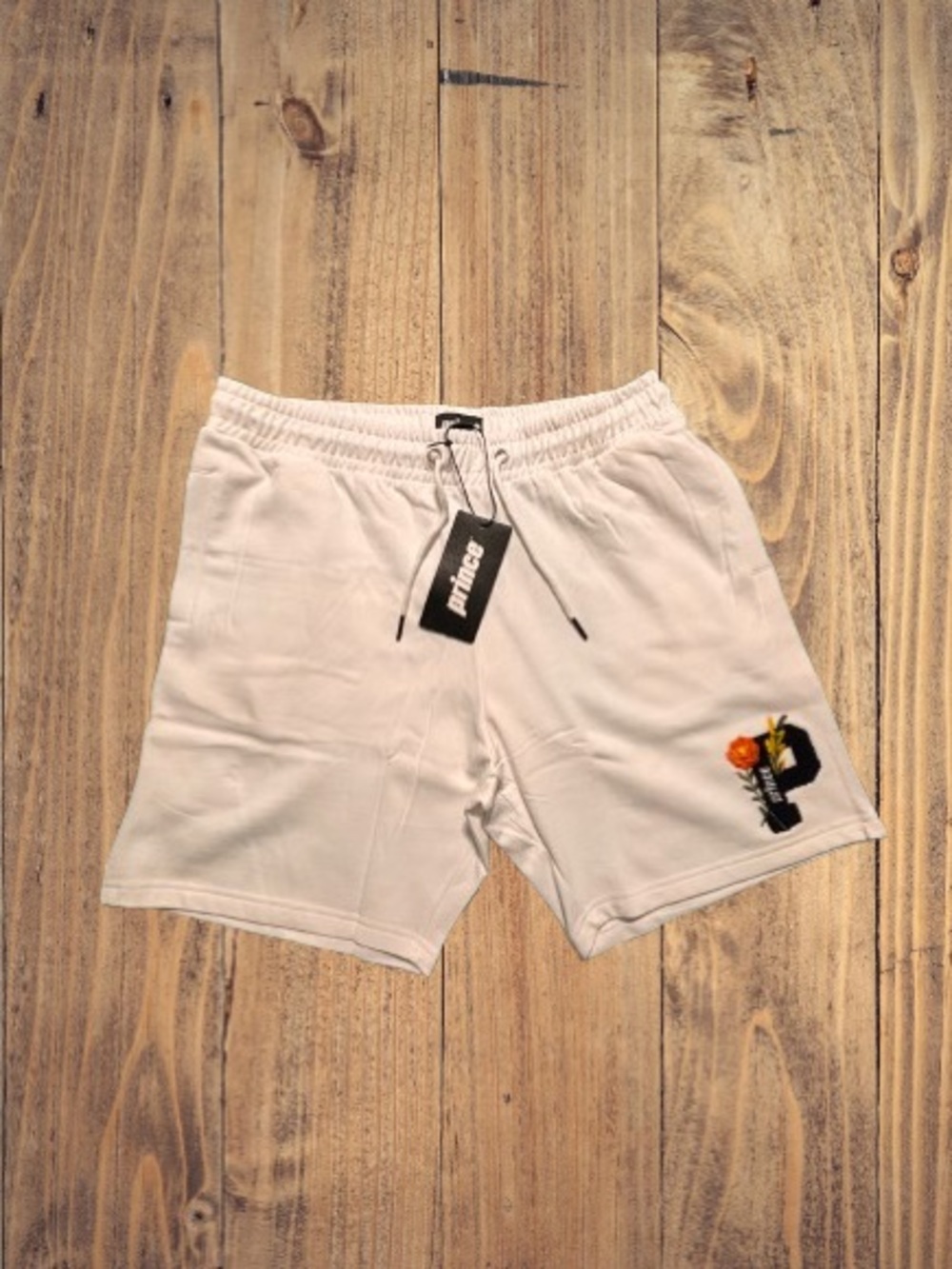 BRAND NEW! Prince White Men's Athletic Drawstring Shorts with Floral Logo